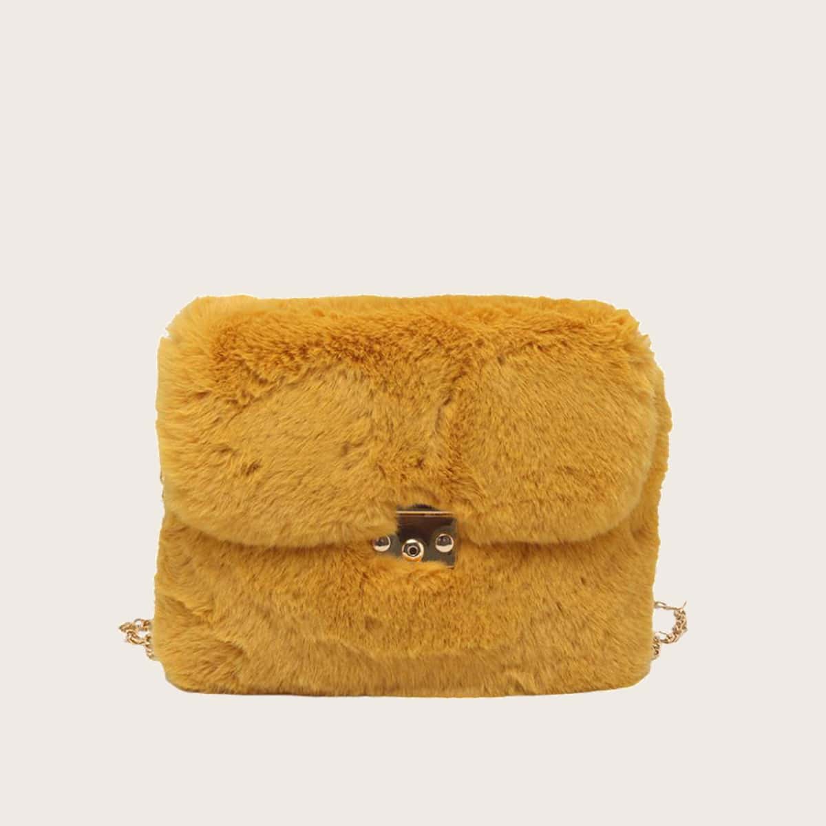 

Solid Fluffy Crossbody Bag, Mustard yellow