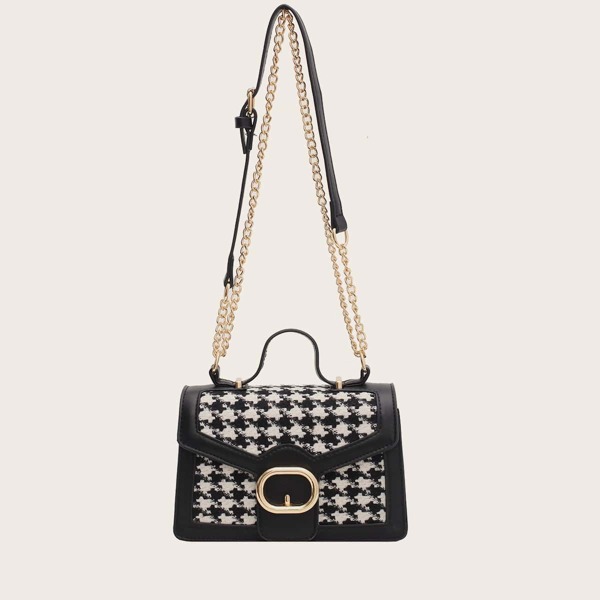 

Houndstooth Satchel Bag, Black
