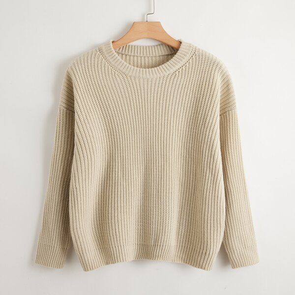 

Plus Ribbed Knit Drop Shoulder Solid Sweater, Beige