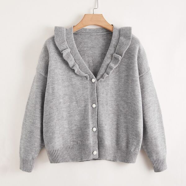 

Plus Drop Shoulder Ruffle Trim Cardigan, Light grey