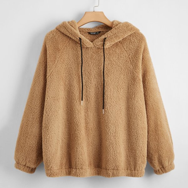 

Plus Raglan Sleeve Drawstring Teddy Hoodie, Camel