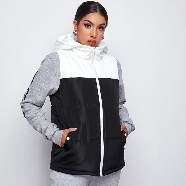 

Two Tone Zipper Placket Vest Padded Coat, Black and white