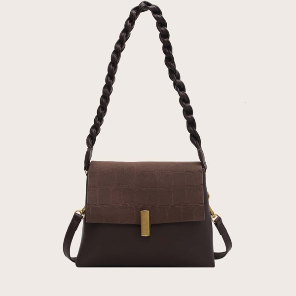 

Croc Embossed Braided Handle Shoulder Bag, Brown