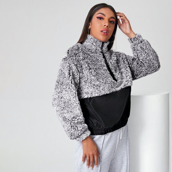 

Zip Half Placket Teddy Panel Sweatshirt, Multicolor