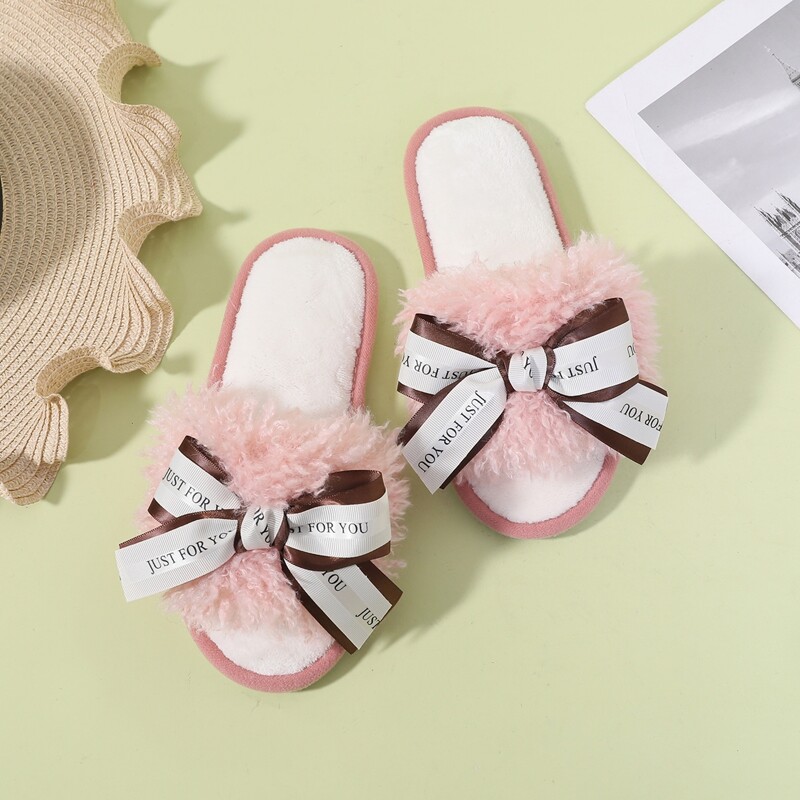 

Open Toe Bow Decor Fluffy Slippers, Pink