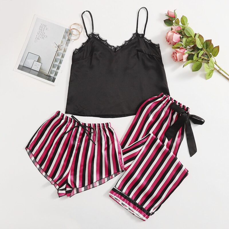 

3pcs Contrast Lace Striped Knot Waist Satin Cami PJ Set, Multicolor