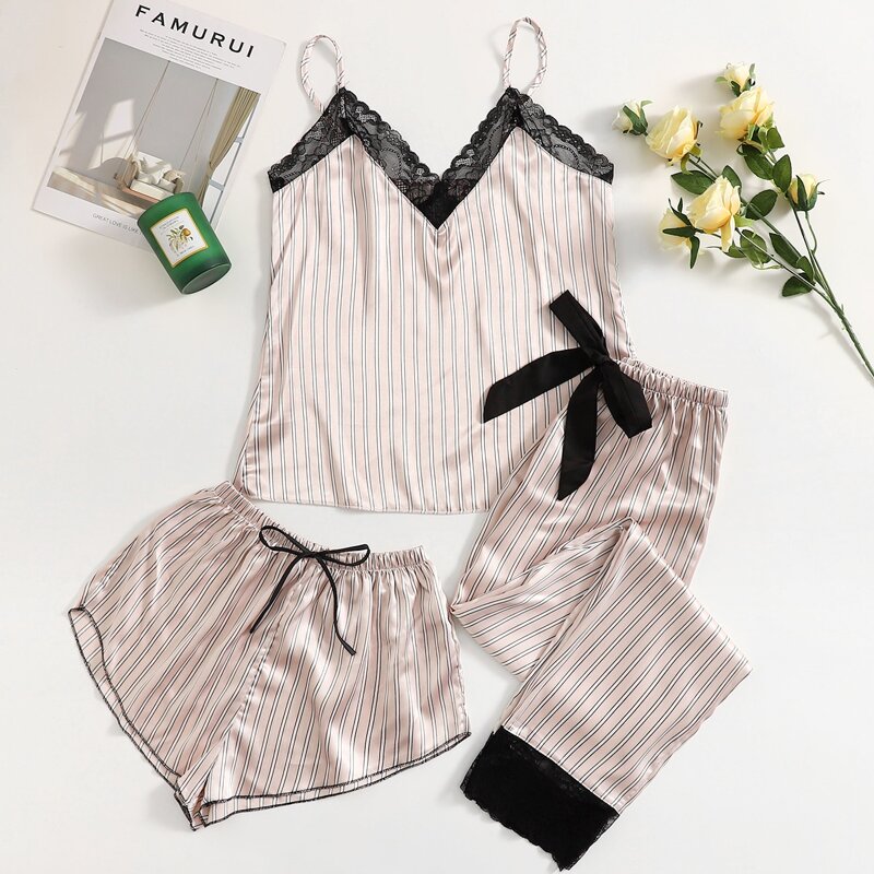 

3pcs Striped Print Contrast Lace Satin Night Set, Baby pink