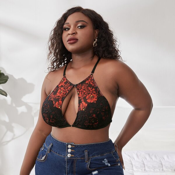 

Plus Floral Print Mesh Contrast Lace Bralette, Multicolor