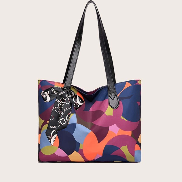 

Scarf Decor Color Block Tote Bag, Multicolor