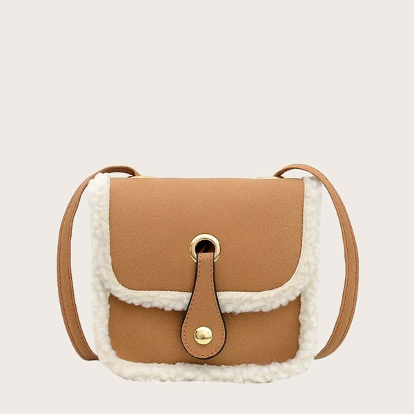 

Girls Snap Button Decor Faux Shearling Trim Crossbody Bag, Khaki