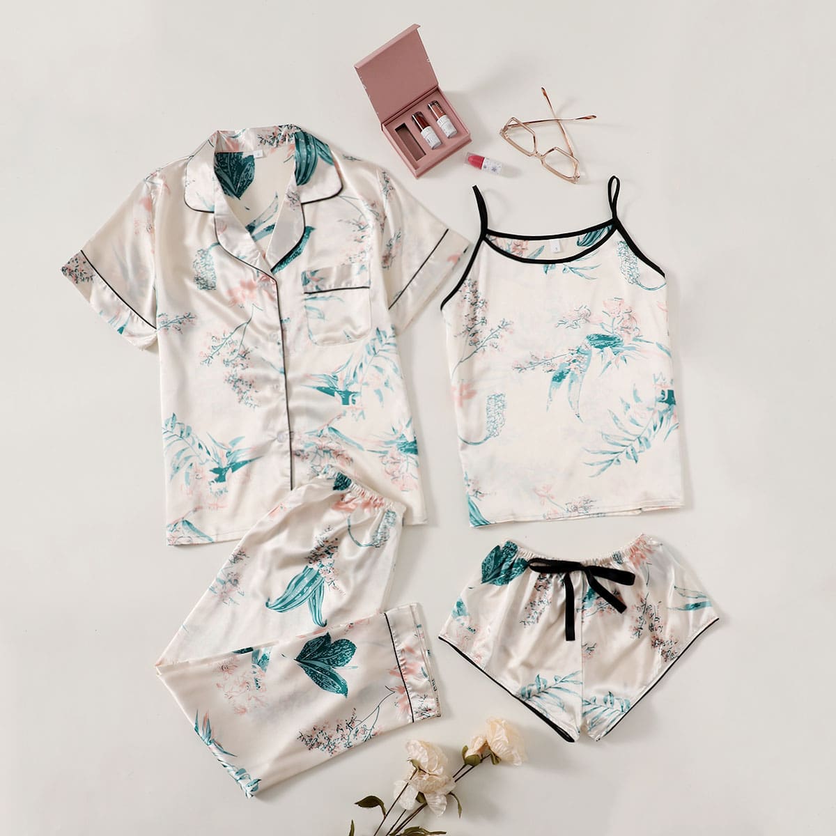 

4pack Floral Print Satin PJ Set, Multicolor