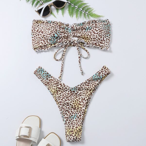 

Leopard Frill Drawstring Bandeau Bikini Swimsuit, Multicolor