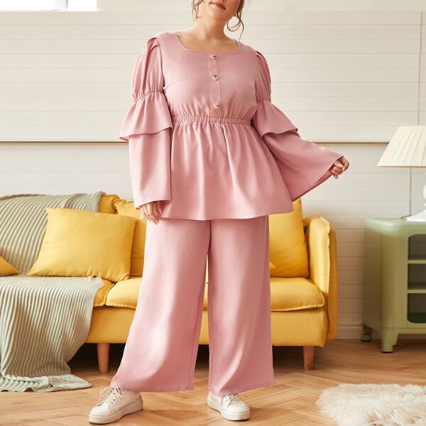 

Plus Button Front Layered Bell Sleeve Top and Wide Leg Pants Set, Baby pink