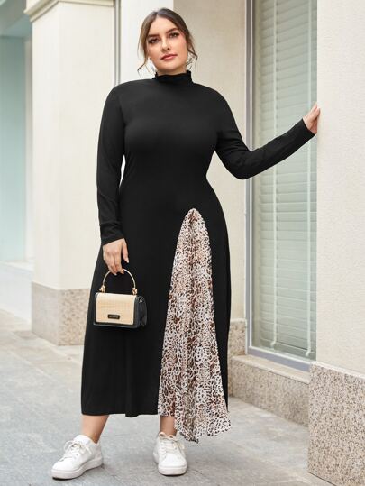 فستان مقاس كبير بحافة غير متماثل وبلوحة نمط الفهد بياقة دائري