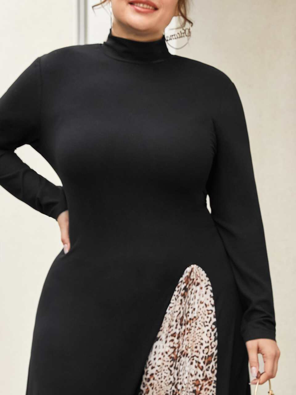 Plus Mock-neck Leopard Panel Asymmetrical Hem Dress