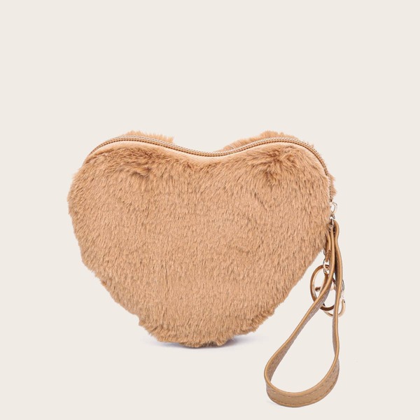 

Heart Shaped Fluffy Purse, Khaki