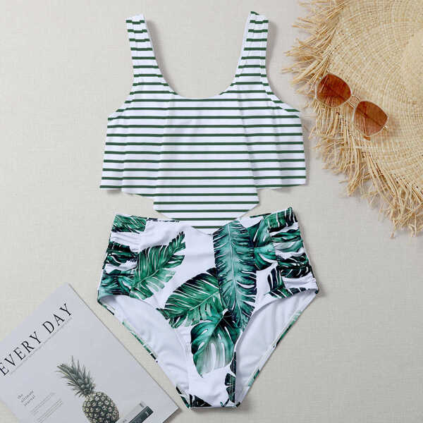 

Tropical & Striped Hanky Hem Bikini Swimsuit, Multicolor