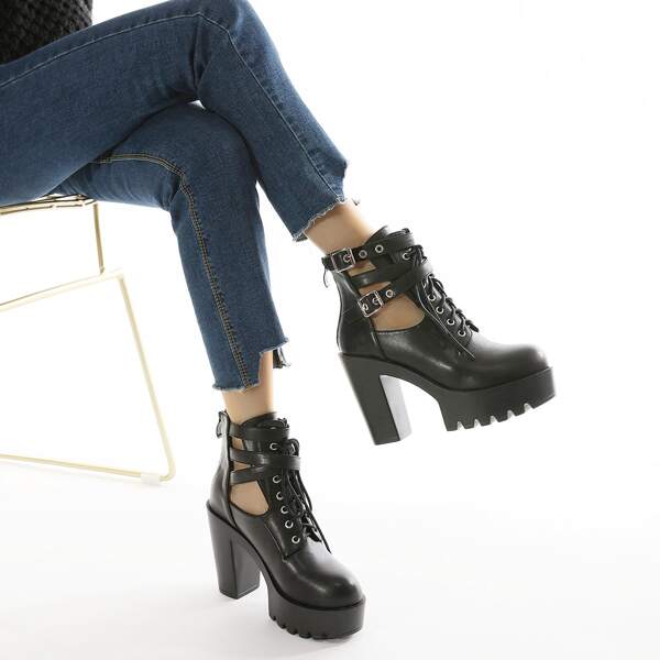 

Metal Buckle Chunky Heeled Ankle Boots, Black