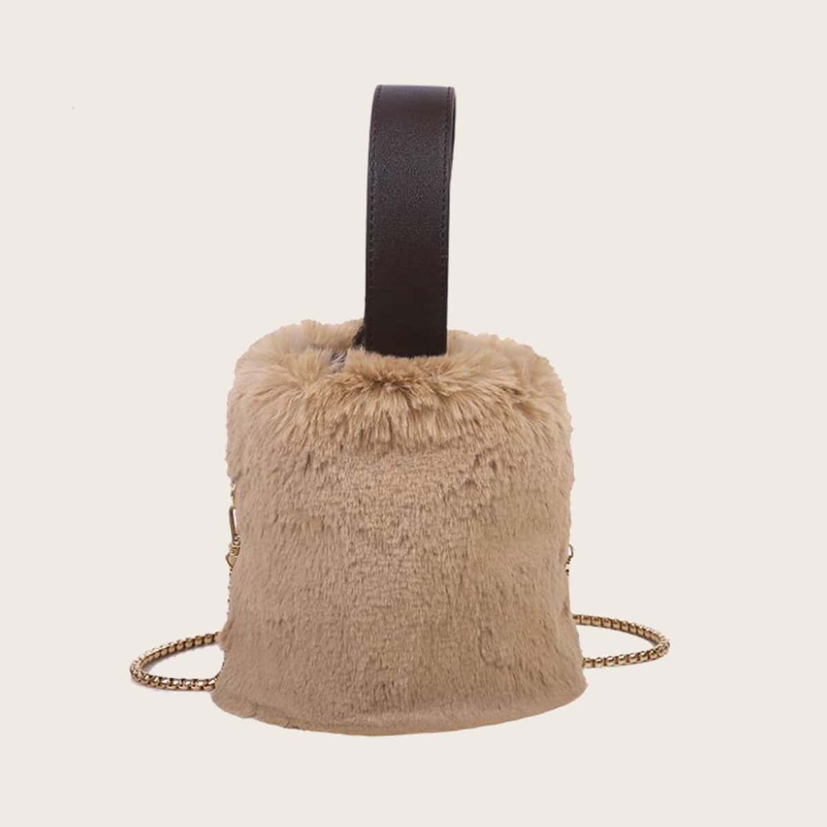 

Fluffy Drawstring Bucket Bag, Khaki