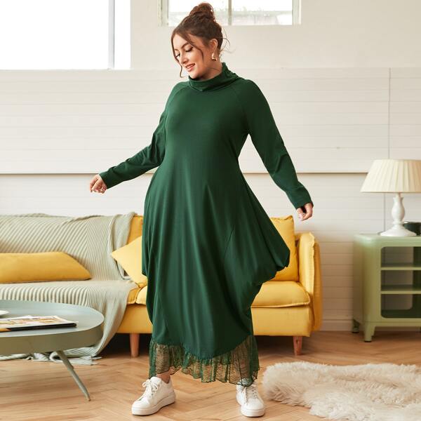 

Plus Funnel neck Raglan Sleeve Lace Hem Cocoon Dress, Dark green