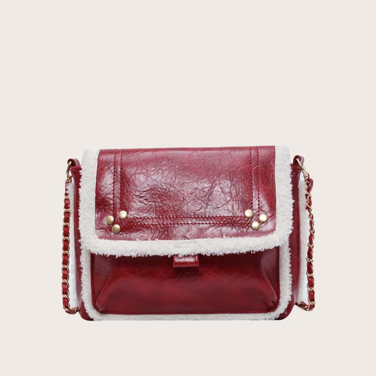 

Plush Trim Faux Leather Crossbody Bag, Burgundy