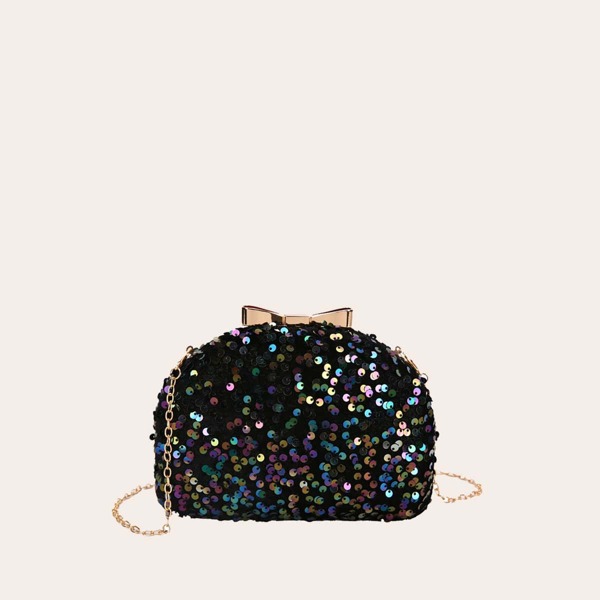 

Sequin Decor Clip Top Clutch Bag, Black
