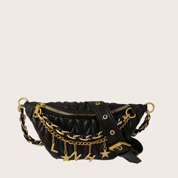 

Metal Letter Charm Quilted Fanny Pack, Black