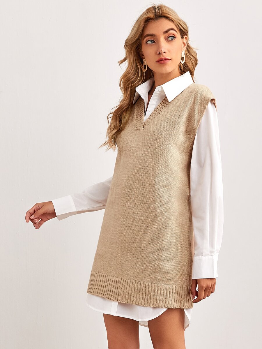 SHEIN Essnce V Neck Sweater Vest Dress Without Blouse Without Belt - Apricot - View 1
