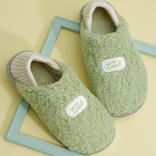 

Letter Embroidered Fluffy Slippers, Green