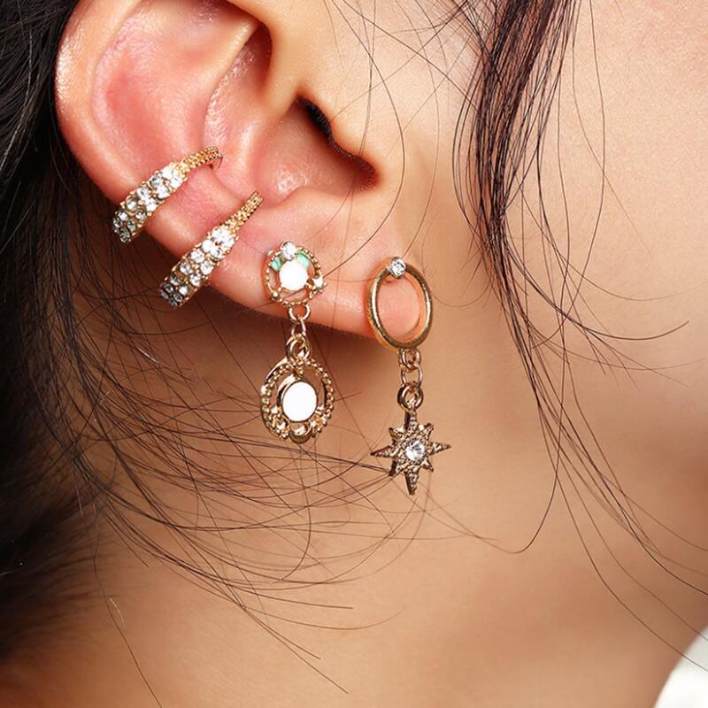 

4pcs Rhinestone Star Earring Set, Gold