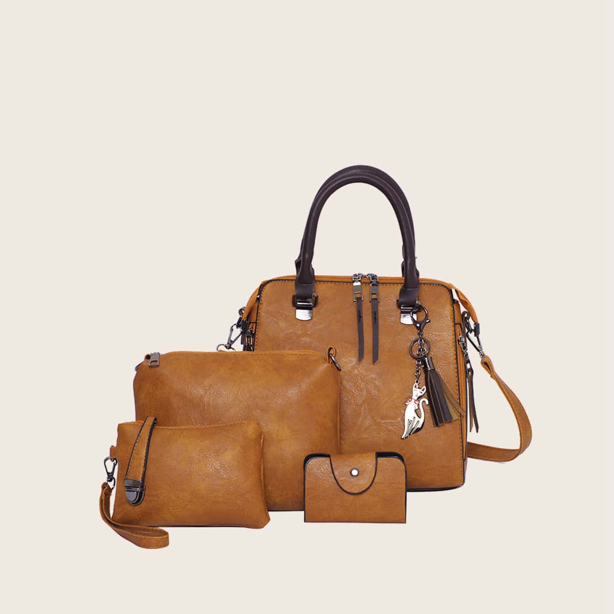 

4pcs Tassel & Cat Decor Satchel Bag Set, Brown