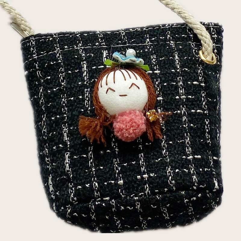 

Cartoon Figure Tweed Crossbody Bag, Black