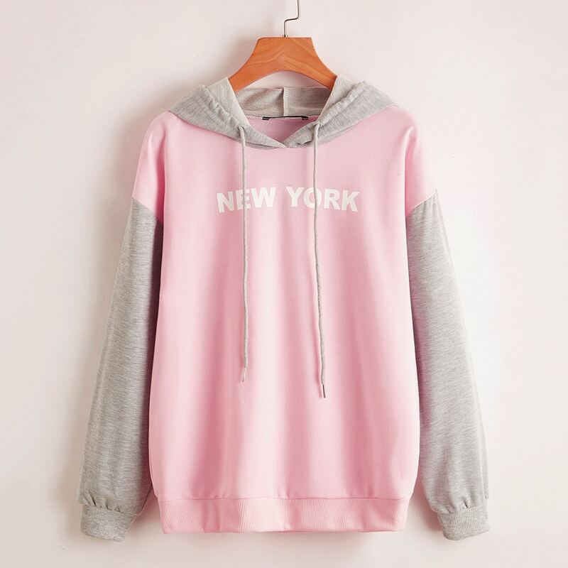 

Letter Graphic Color Block Drawstring Hoodie, Baby pink