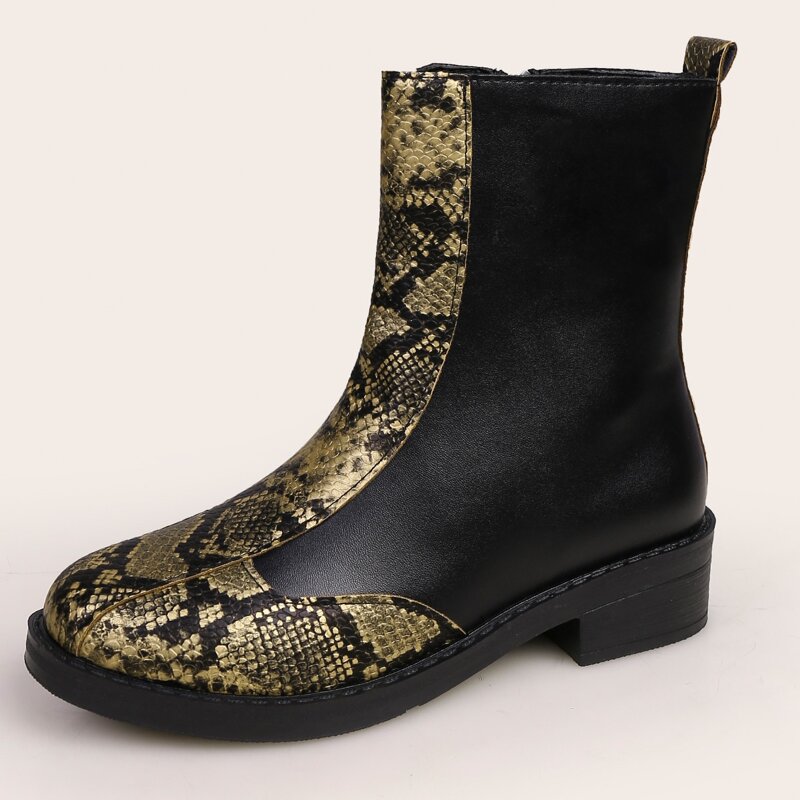 

Zip Side Snakeskin Print Boots, Gold
