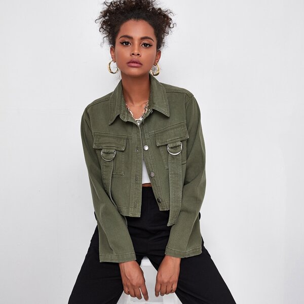 

Strap Flap Pocket Denim Trucker Jacket, Army green