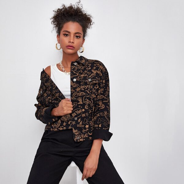 

Letter & Geometric Print Button Front Denim Jacket, Multicolor