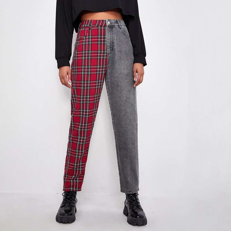 

High Waist Tartan Mom Jeans, Multicolor