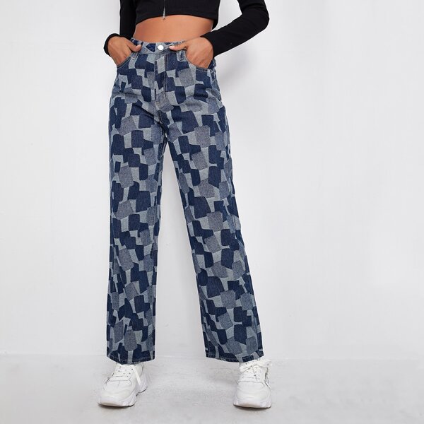 

High Waist Geo Pattern Straight Leg Jeans, Dark wash