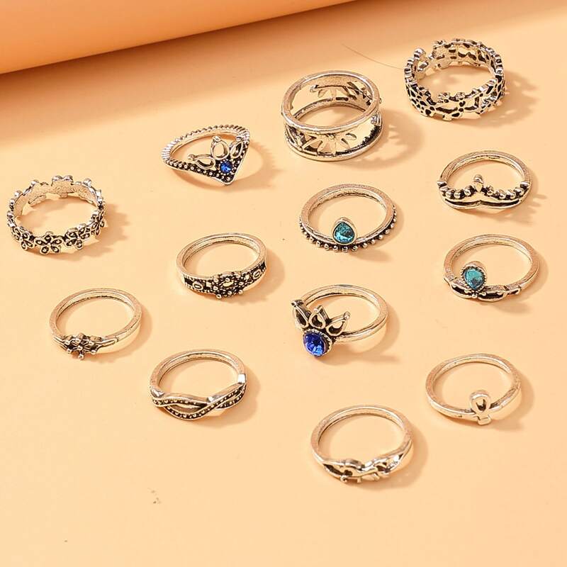 

13pcs Rhinestone Floral & Unicorn Ring, Silver