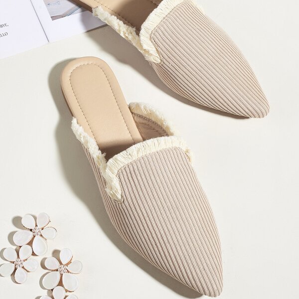 

Minimalist Fringe Trim Loafer Mules, Apricot