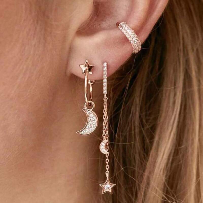 

3pcs Rhinestone Star & Moon Earring Set, Gold