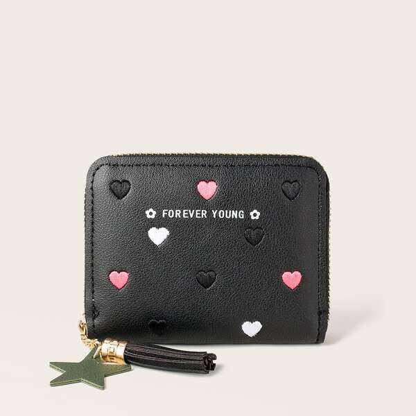 

Tassel Charm Heart Embroidered Small Purse, Black
