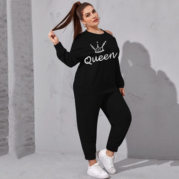 

Plus Letter And Graphic Asymmetrical Neck Sweatshirt & Sweatpants, Black