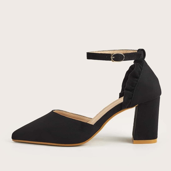 

Ruffle Trim Ankle Strap High Heeled Pumps, Black