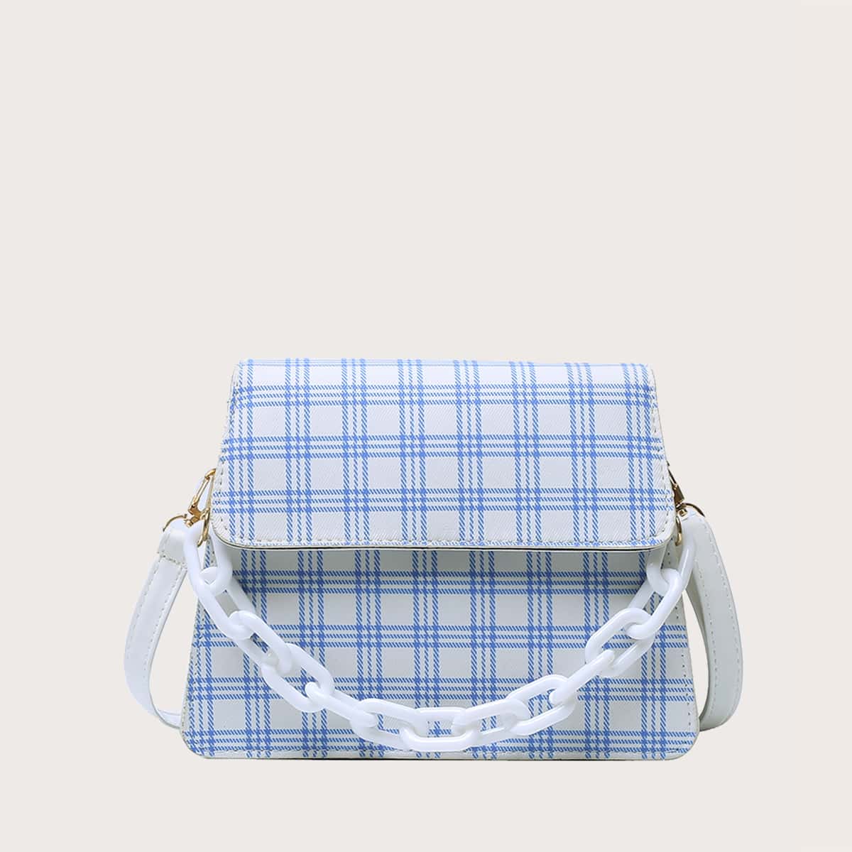 

Plaid Flap Chain Satchel Bag, Blue and white
