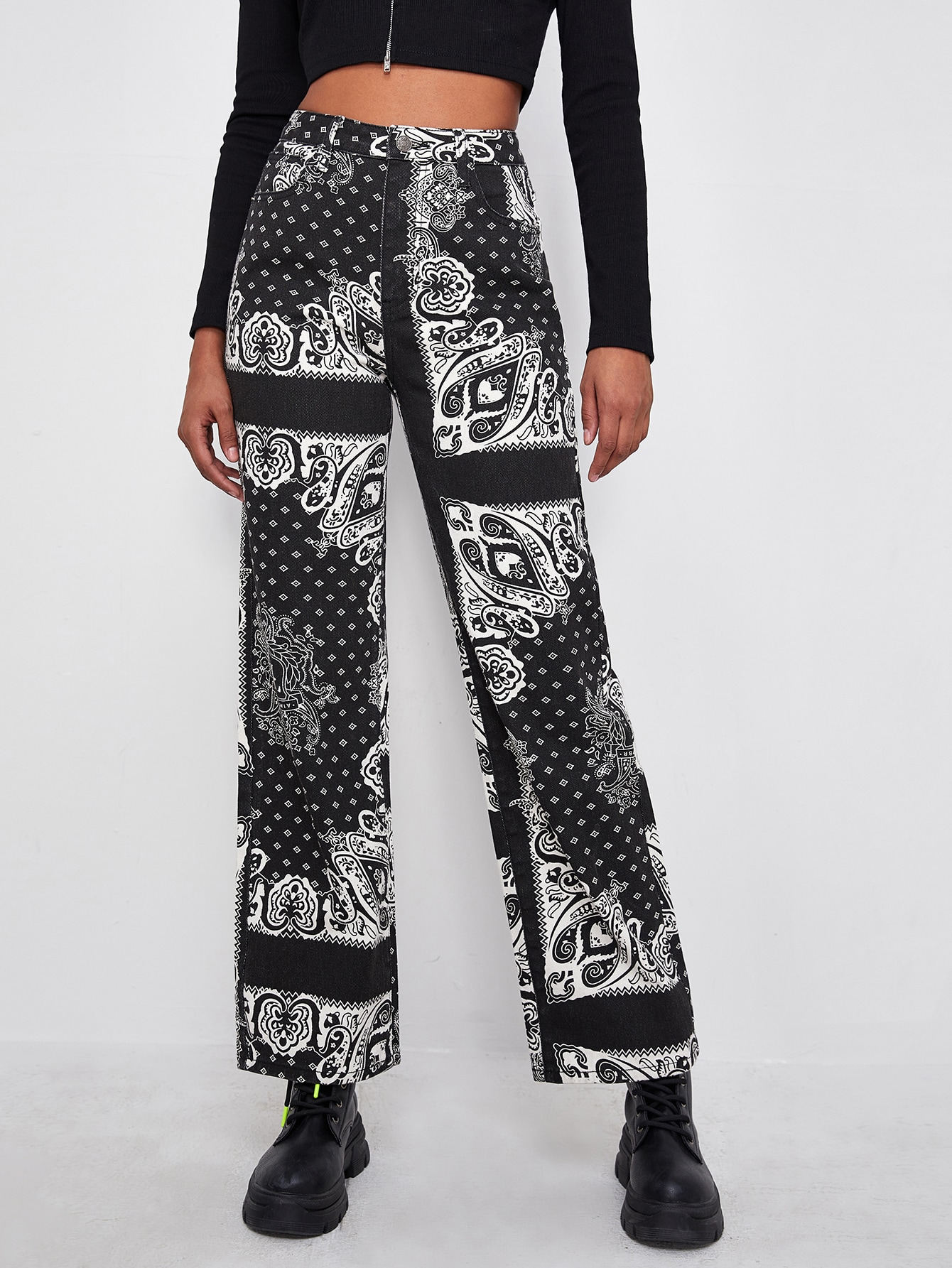 High Waist Paisley & Geo Pattern Straight Leg Jeans thumbnail