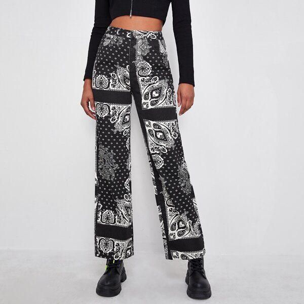 

High Waist Paisley & Geo Pattern Straight Leg Jeans, Black and white