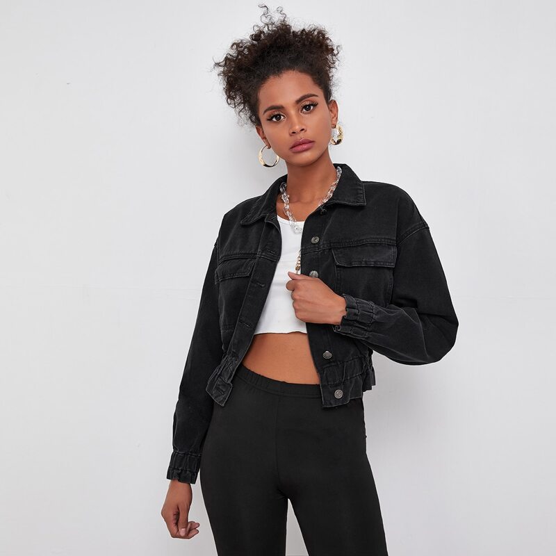 

Frill Hem Drop Shoulder Denim Jacket, Black