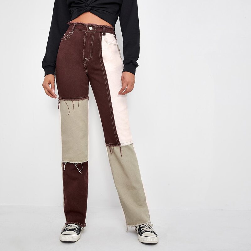 

High Waist Cut and Sew Straight Leg Jeans, Multicolor