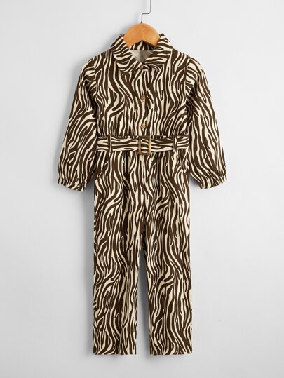 جمبسوت قميص بحزام وبأزرار نصف مخطط نمط حمار وحشي للبنات الصغار